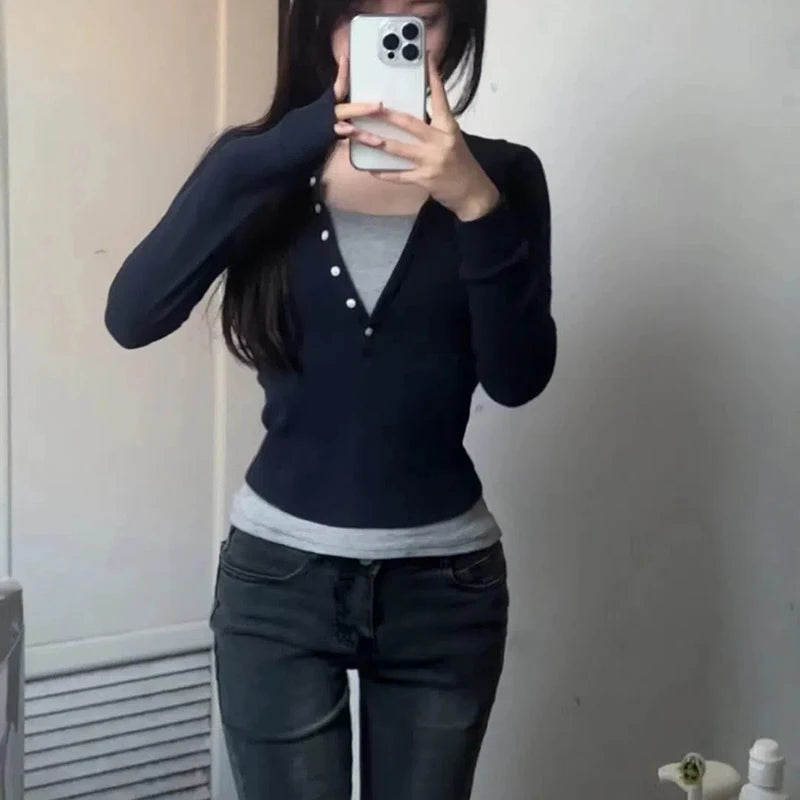Lucyever Y2K Fake Two Piece T-Shirt Women Fashion Patchwork Aesthetic Crop Tops Female Spring Summer Slim Fit Long Sleeve Tees