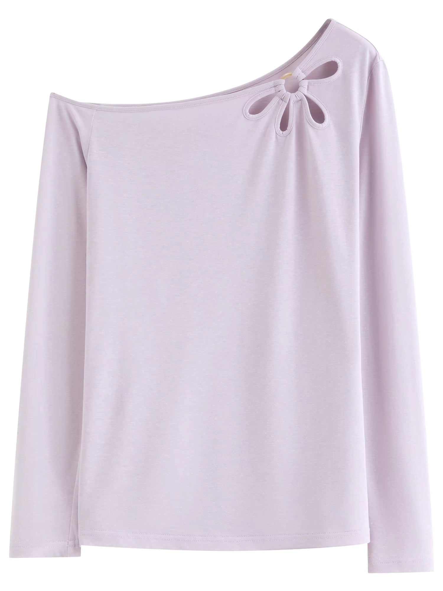 Sweet Off-Shoulder Cut-Out Design Linen Blend Long-Sleeve T-Shirt Spring 2026 New Arrival Skew collar Cotton Tops