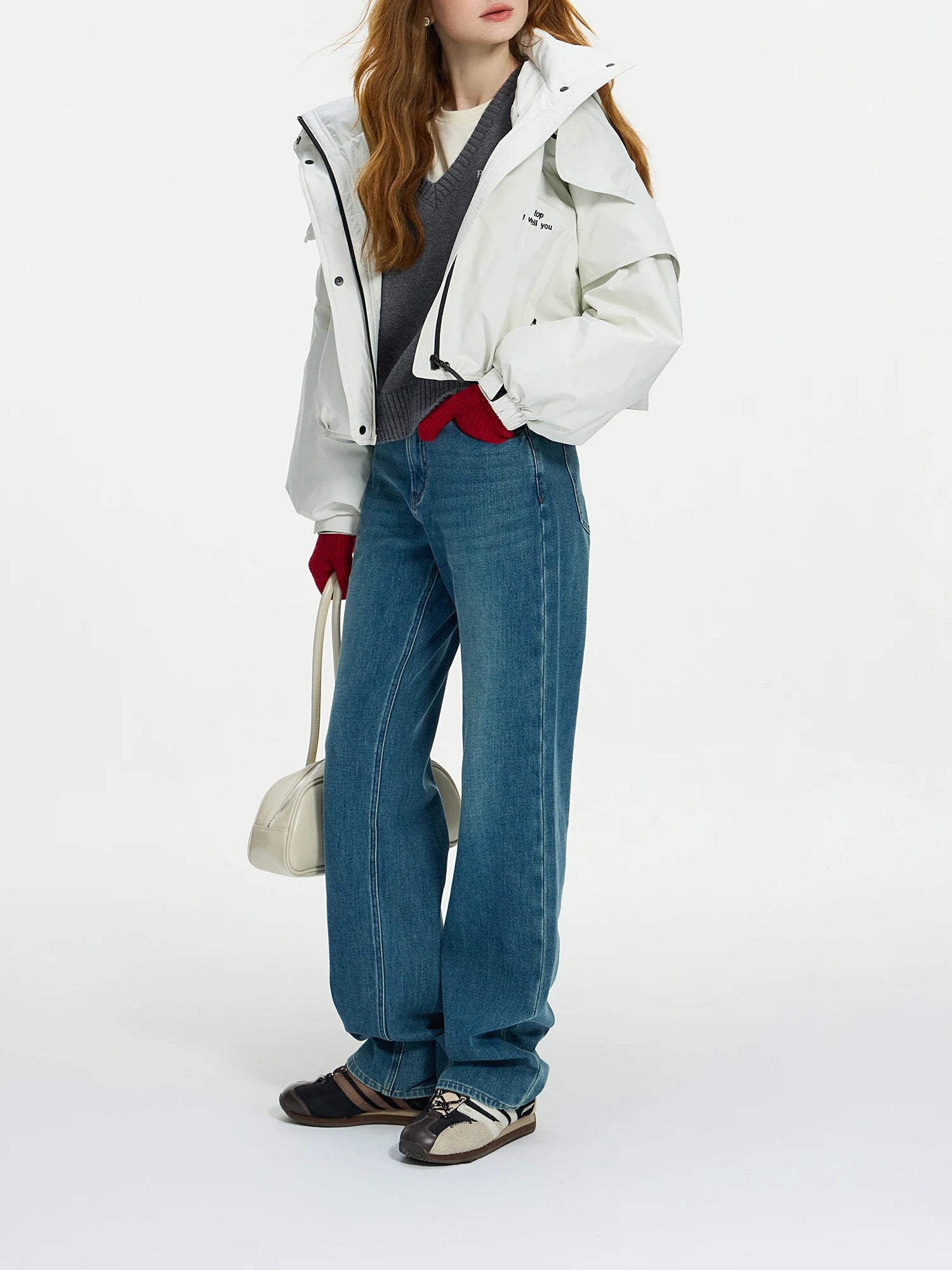FSLE Office Lady Retro Straight High Waisted Jeans with High Elasticity Brushed Casual Loose Women Pants 24FS14295