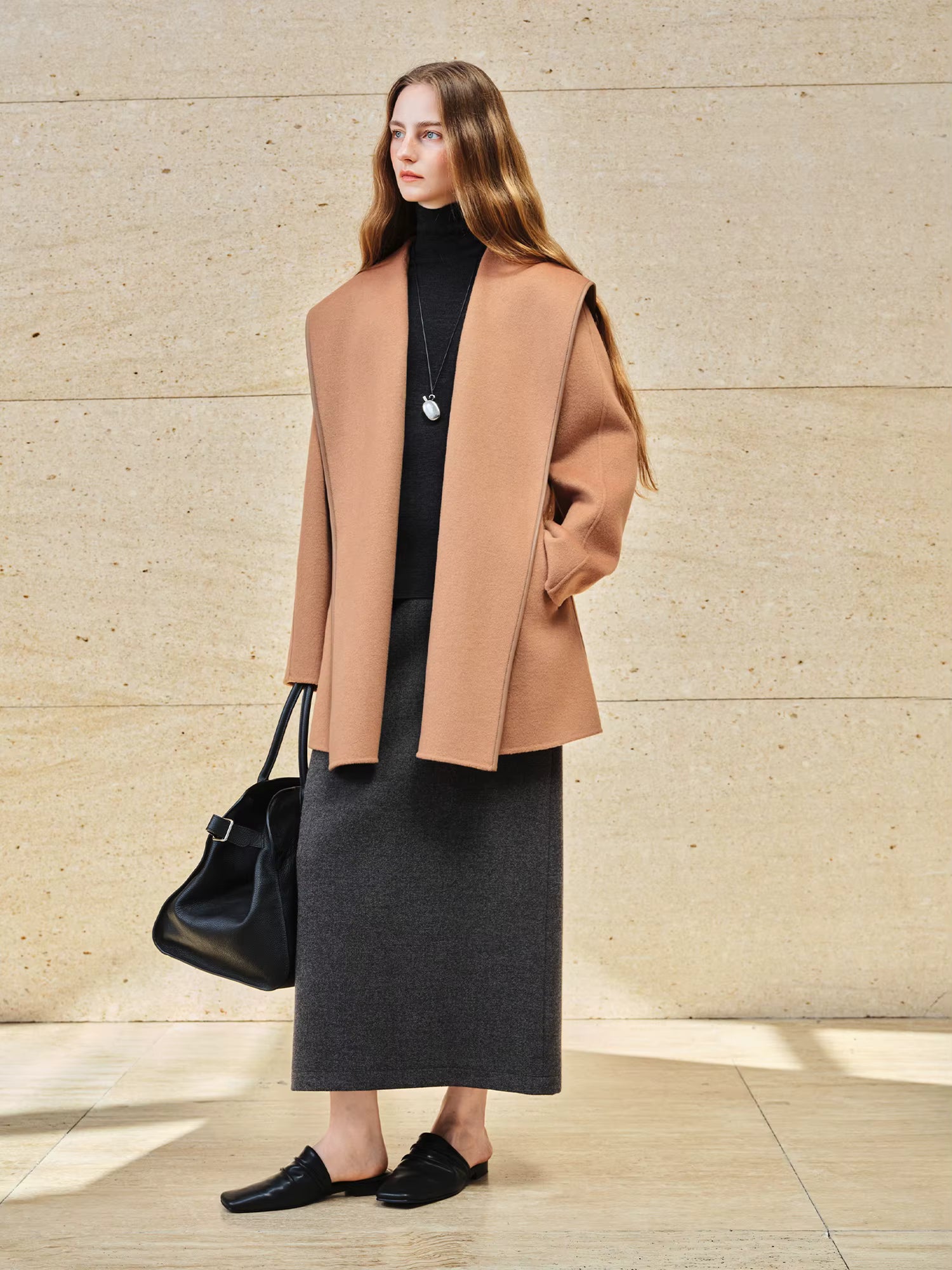 Laid Back Oversized Hooded Design Double-Faced Wool Bathrobe Coat Winter 2025 New Soft Versatile Everyday Wear for Women