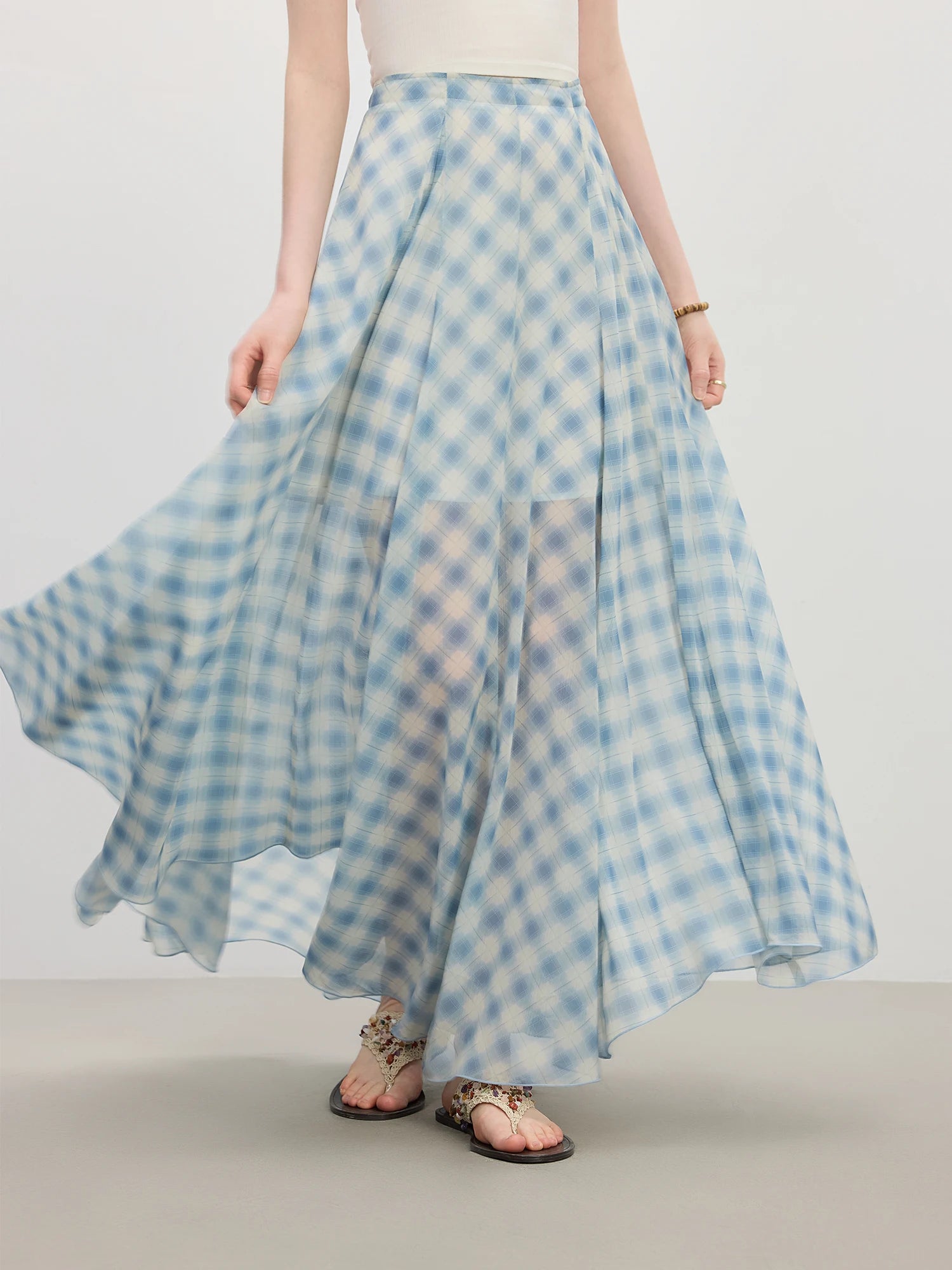 FSLE Women's Summer 2025 New Arrival Irregular A-line Hem Plaid Skirt Flowing Relaxed Fit Skirts