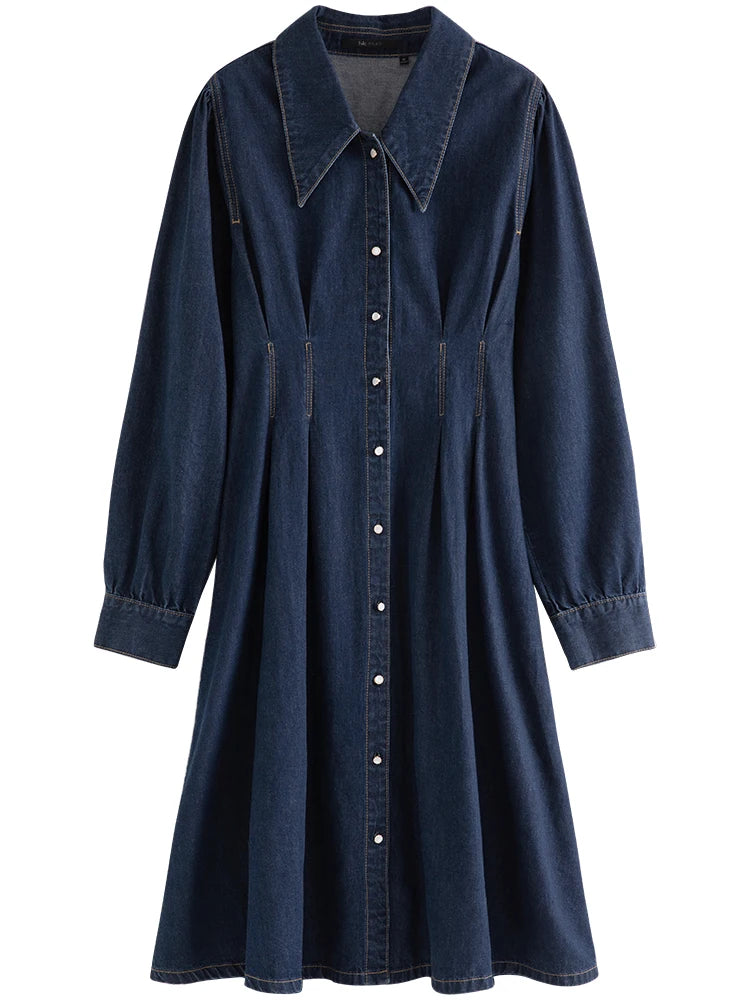 FSLE French Temperament Design Sense Length Optional 100% Cotton Denim Dress 2023 Autumn New Style Single-breasted Dress Female