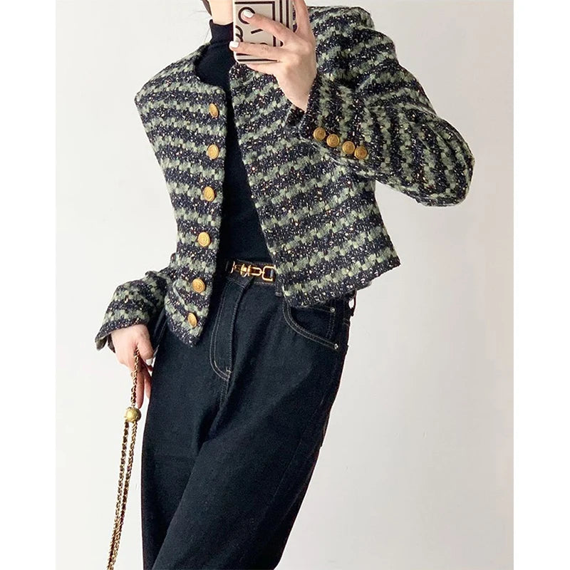MEXZT Vintage Tweed Jacket Women Elegant Cropped Quilted Coat Winter Thicken Short Blazer Ladies Korean Chic Suit Outerwear New