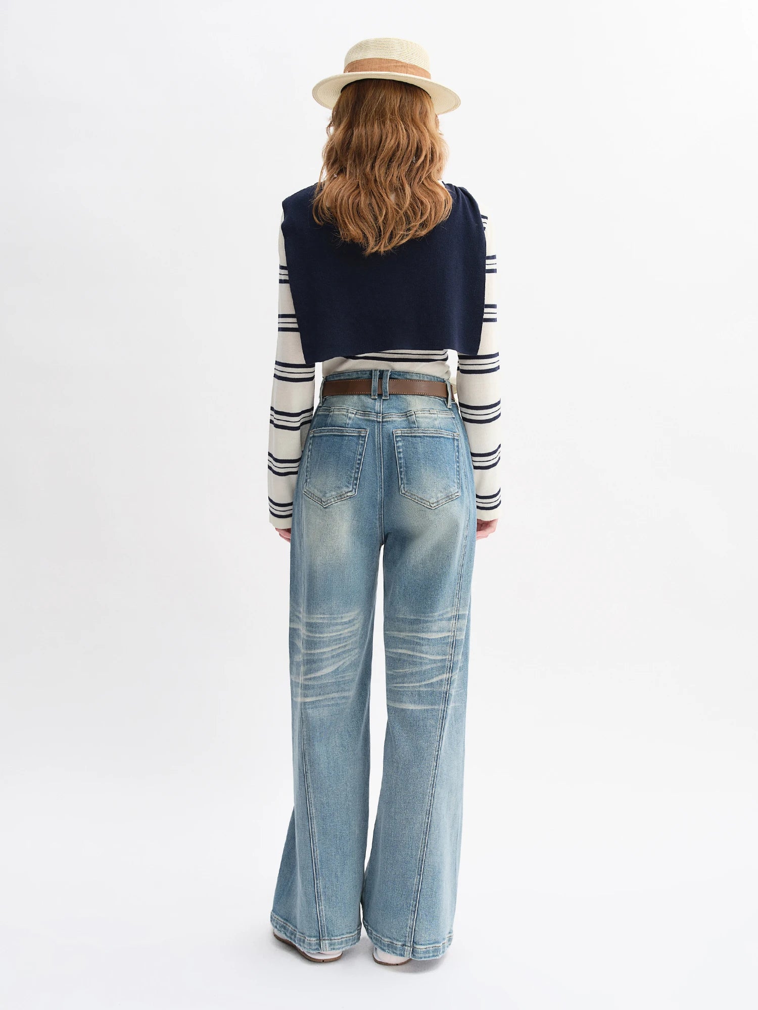 DUSHU Plus Size Design Sense Retro Washed Blue Straight Jeans High Waist Drape Slim Wide Leg Pants 2025 New Arrival