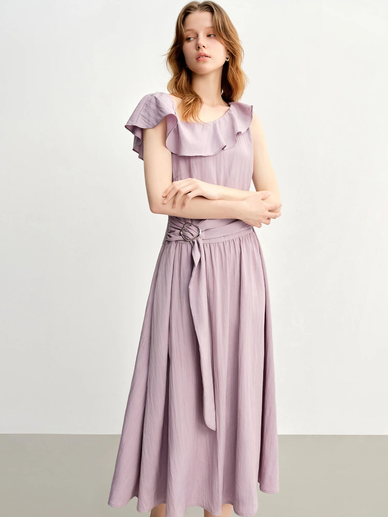 DUSHU Light Purple Romantic Ruffled Off-shoulder Sleeveless Dress 2025 Summer New Arrival Long Dress Holiday Season