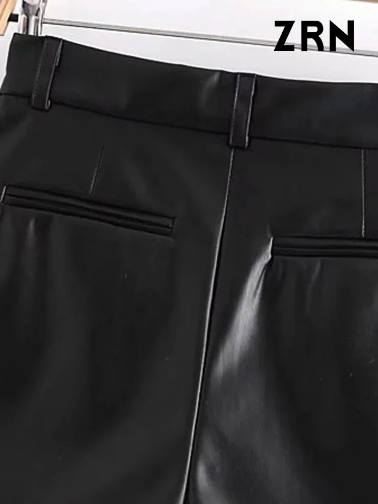 ZRN-Women's Faux Leather Shorts with Side Pockets, High Waist, Zipper Fly, Female Short Pants, Chic Fashion