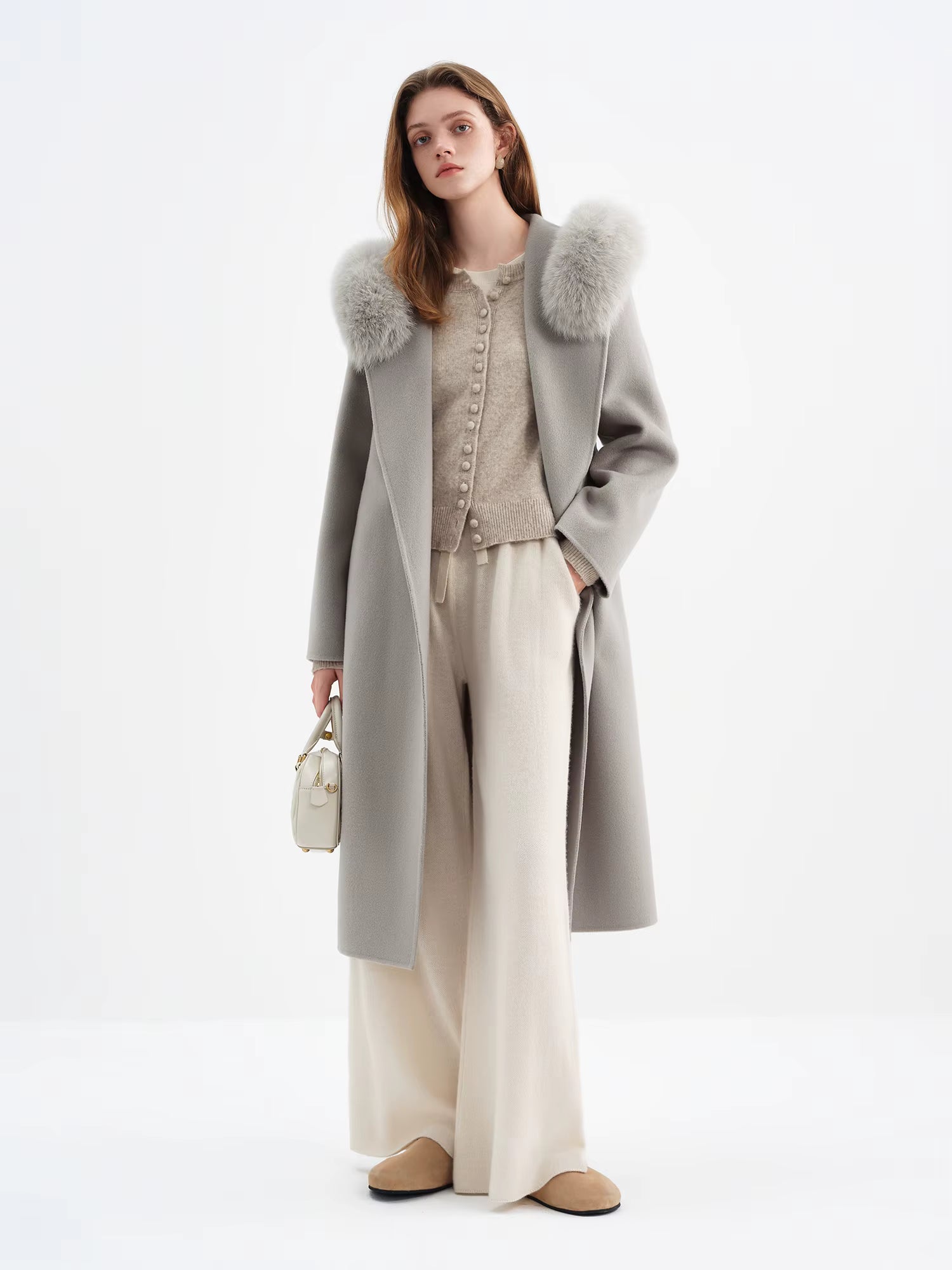 2025 Winter Women's Fox Fur Hooded Double Faced Wool Coat Long Plush Outerwear Vintage Elegant Warm Wool Coat Soft Coat