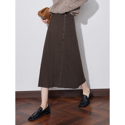 TOYOUTH Women Knitted Skirt 2024 Autumn Winter New Elastic Waist Ankle Length Elegant Coffee Woolen Skirt