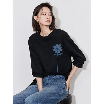 TOYOUTH Women Long Sleeve T-shirt 2024 Autumn and Winter New Denim Flower Embroidery Round Neck White T shirt Tops