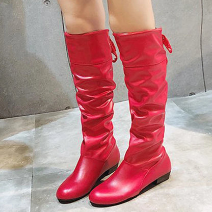 2023Shoes For Women  Knee High Boots Red Black White Tall Boots Woman Pleated Low Heel Casual Leather Female Long Shoes