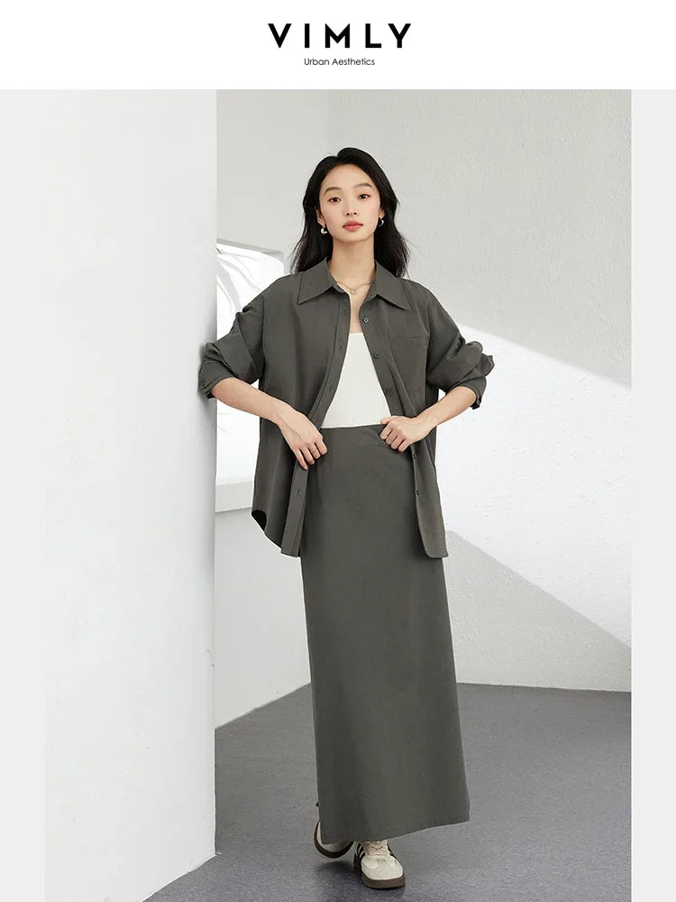 VIMLY 2 Piece Set Women's Office Lady Skirt Set Autumn Button Down Shirt Loose Shirt+Back Hem Slit A-Line Skirts Simple Suit