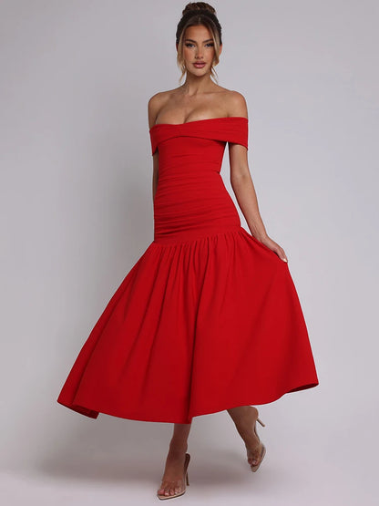 Mozision Off-shoulder Backless Sexy Maxi Dress Women Strapless Sleeveless High Waist A-line Ruched Evening Long Dress Elegant