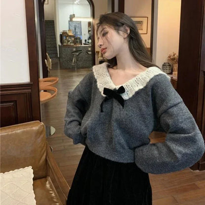 Deeptown Korean Style Sweaters Women Kawaii Sweet Elegant Knited Pullovers Grey Bow Vintage Patchwork Autumn Winter Sweaters