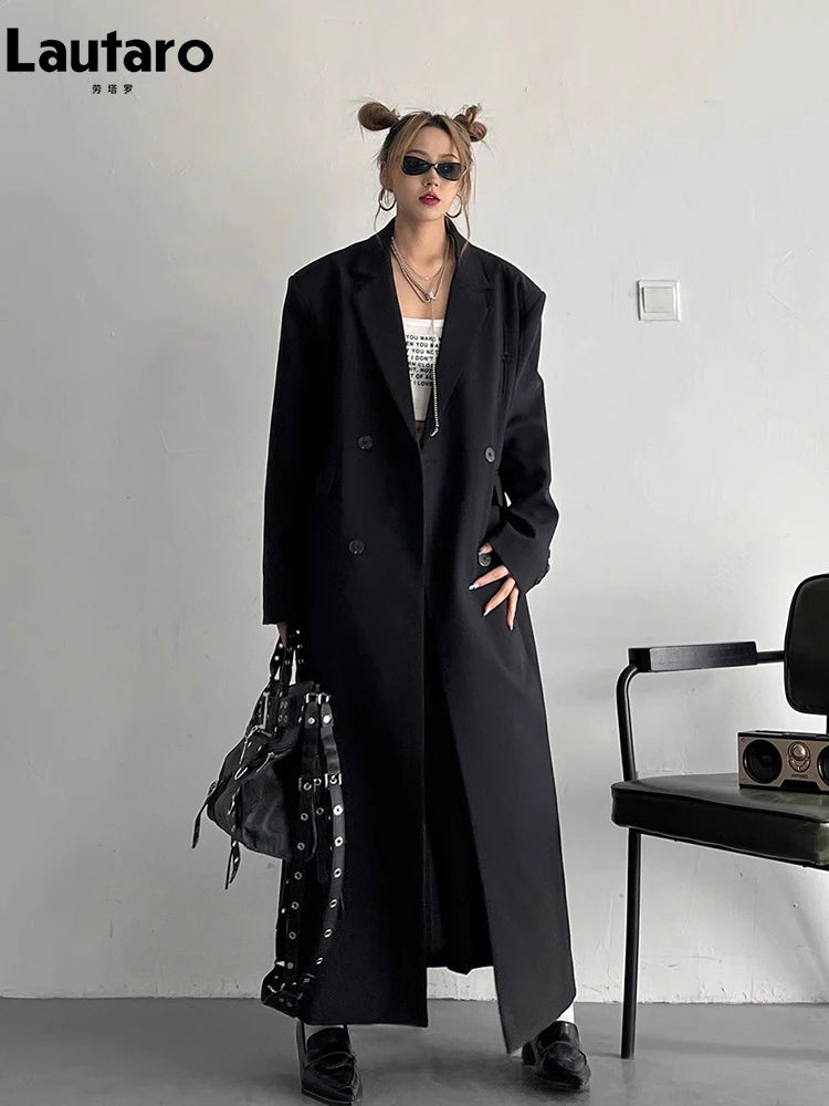 Lautaro Spring Autumn Long Grey Black Trench Coat for Women Double Breasted Loose Casual Korean Fashion Clothing Blazer 2023