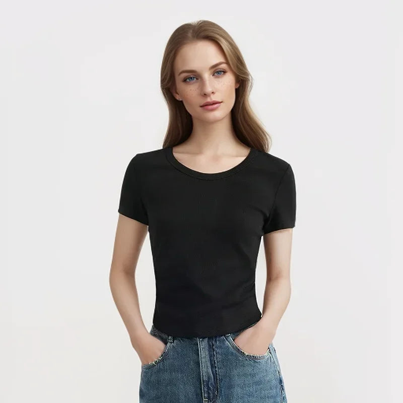 Semir Short Sleeve T-Shirt Women Short Careful Machine Solid Colour Tight 2024 New Summer Large Round Neck Positive Shoulder Pul