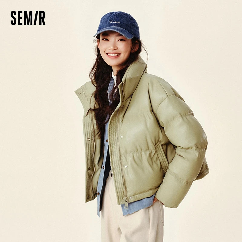 Semir Down Jacket Women Short Stand-Up Collar Petite Elegant Gentle 2024 New Winter Loose Imitation Leather Casual Down Jacket