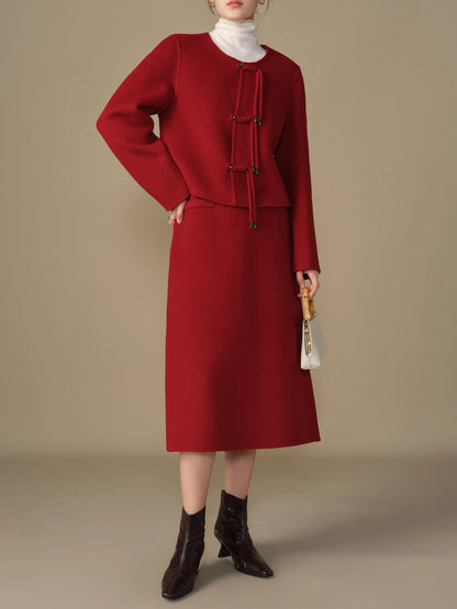 DUSHU 100% Wool Plus Size Two Color Jacket Skirt Suit 2024 Fall Winter  New Versatile Fashion Suit Jacket Red Half-body Skirt