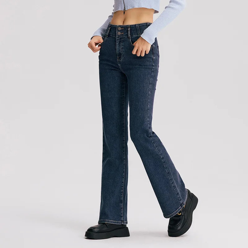 Semir Jeans Women High-Waist Flared Trousers Long Legs 2024 New Winter Fleece Floor-Sweeping Trousers