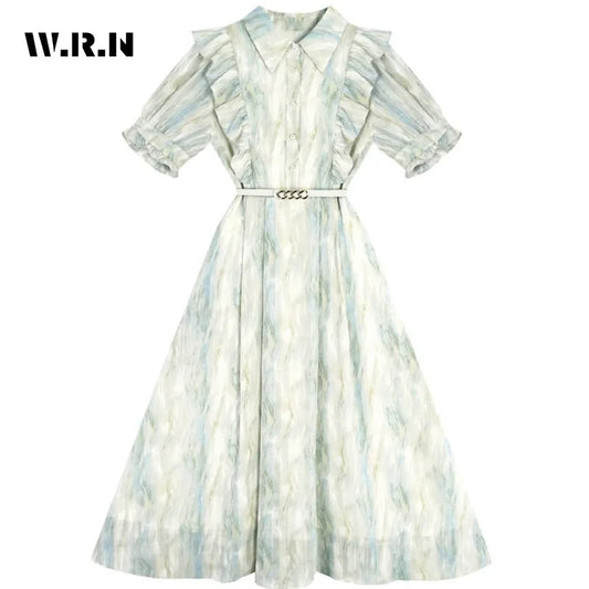 2024 Summer Vintage Sweet Striped Print Elegant Mid Long Skirts Women's Elegant Style High Waist Tie Dye Turn Down Collar Skirt