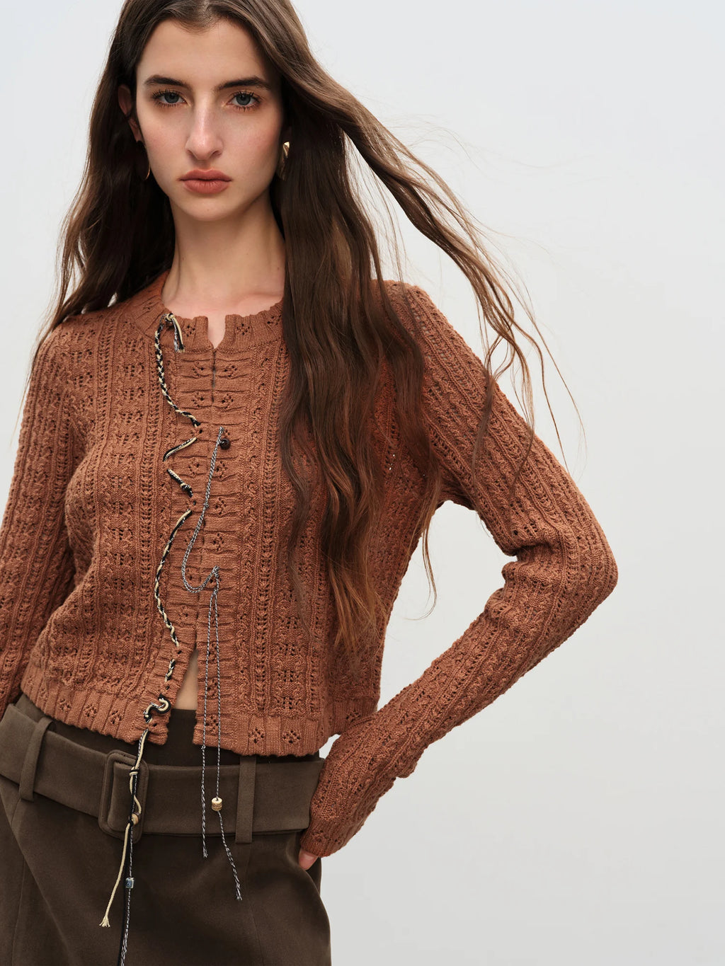 FSLE【Premium Series】New Women Vintage Cable Knit Sweater Hollow-Out Cropped Top Autumn Retro Pullover Cozy Cardigan Loungewear