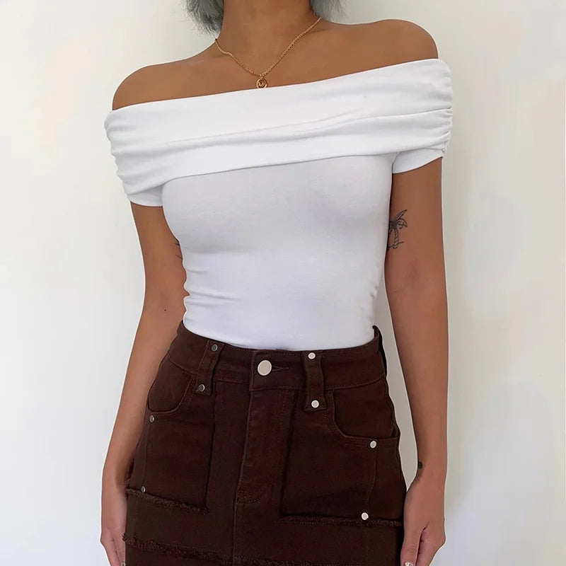 Black Off Shoulder Elegant Short Tops Side Pleated Fashion Slim Sexy Cropped T Shirt Women Summer Y2k Clothing Skinny Top