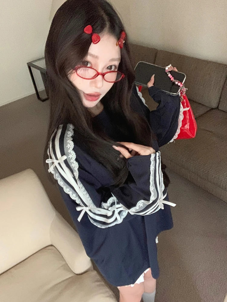 KUSAHIKI Bow Long Sleeved Causal T-shirt Spicy Girl Autumn Lace Patchwork Korean Medium Length Round Neck Versatile Y2k Top