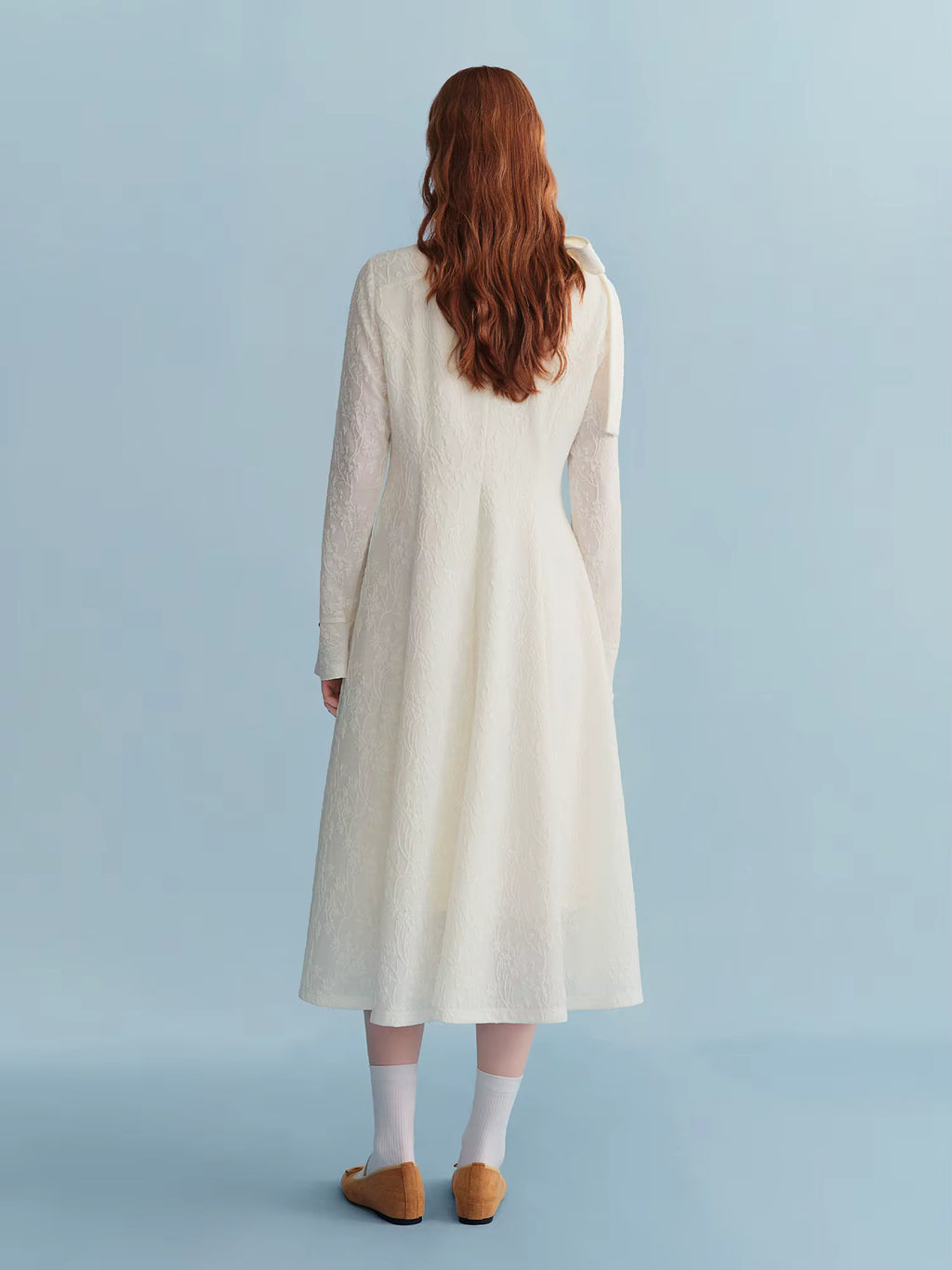 Embossed Textured Ribbon Beige Dress Women Plump Temperament Mid-calf French Style Long Sleeve Elegant Commuting Solid