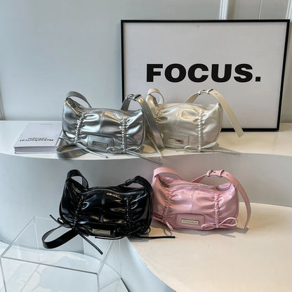 LEFTSIDE Bow Small Crossbody Bags for Women 2024 Korean Fashion Silver PU Leather Shoulder Bag Underarm Bags Handbags and Purses