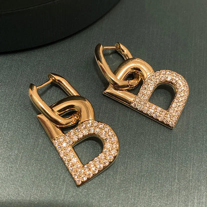 New 2023 Popular Glod Plated Shiny Letter B Dangle Earrings Women's Statement Jewellery Micro-Set Rhinestones Unusual Earrings