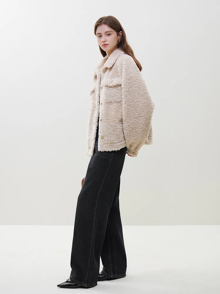 FSLE Lapel Collar Grain Velvet Women Winter Short Jacket Light Apricot Warm Casual Drop Sleeve Coats Thicken Coat