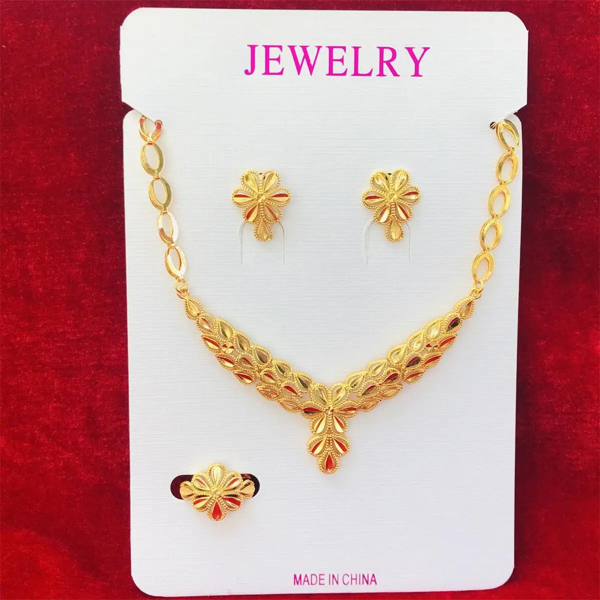Necklace Earrings Rings Indian Fashion Gold Color Plated Jewelry Sets for Women Ladies African Bridal Dubai Wedding Wholesale