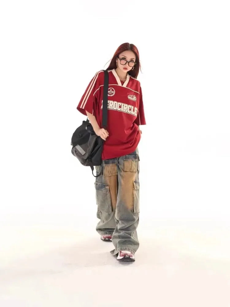 Deeptown American Retro Red Oversized T-shirt Women Summer 2024 Korean Fashion Streetwear Striped Loose Short Sleeve Tee Top