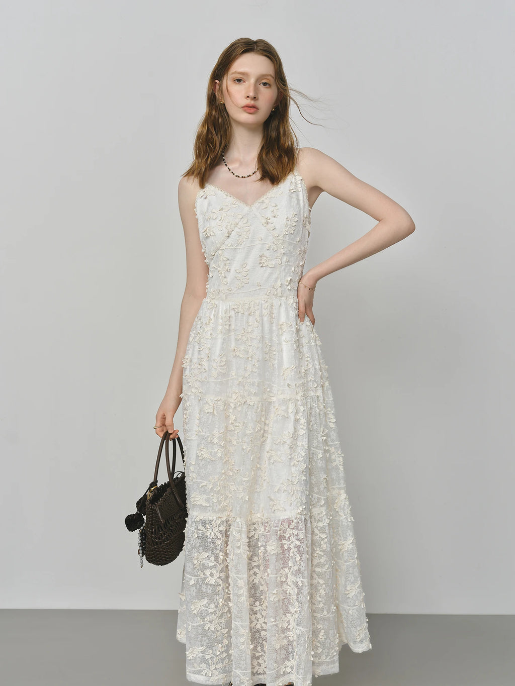 FSLE French Heavy Embroidery 3D Floral Layered Strap Dress 2025 Autumn New Arrival Woman Clothing Dresses