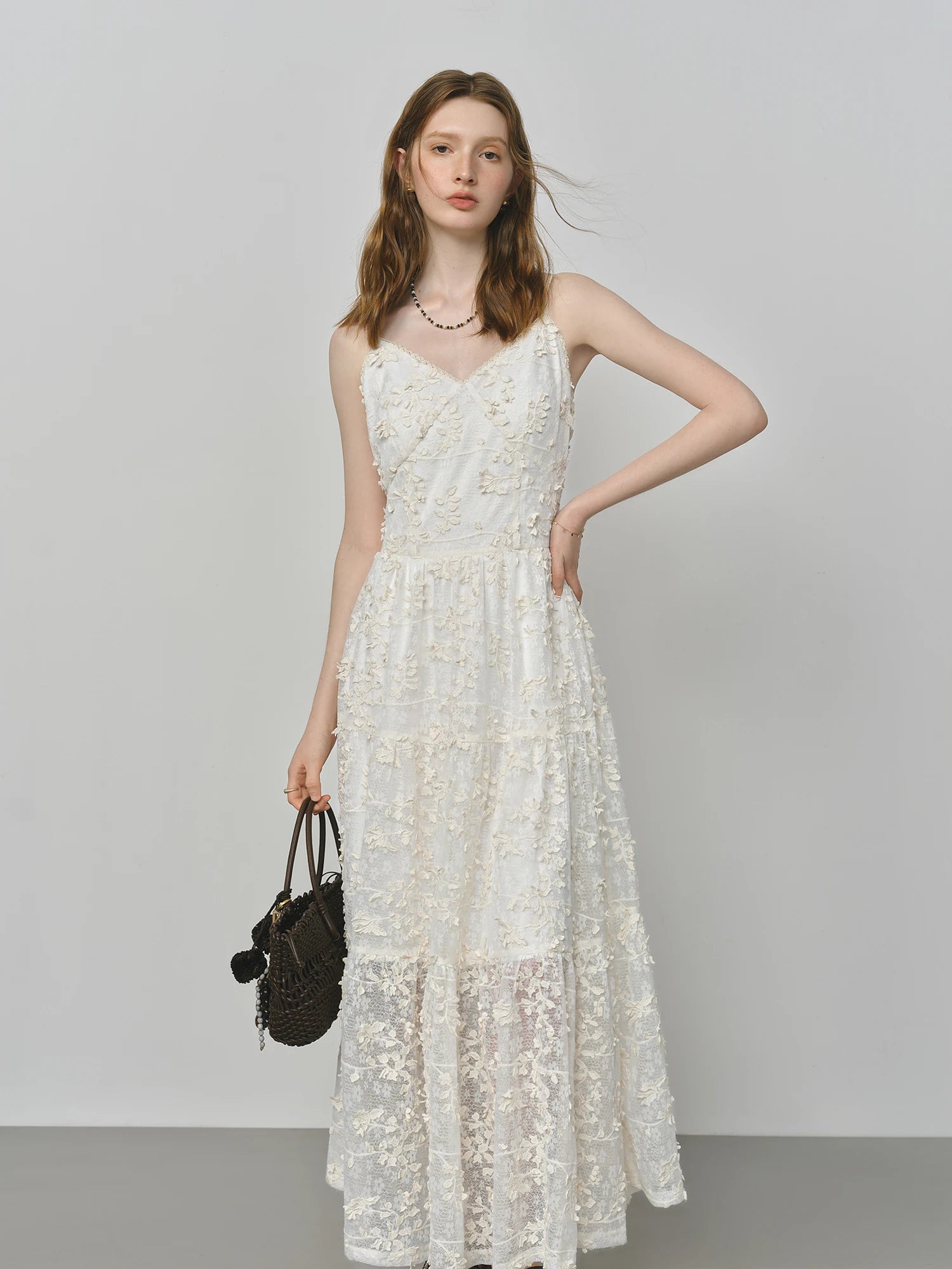 FSLE French Heavy Embroidery 3D Floral Layered Strap Dress 2025 Autumn New Arrival Woman Clothing Dresses