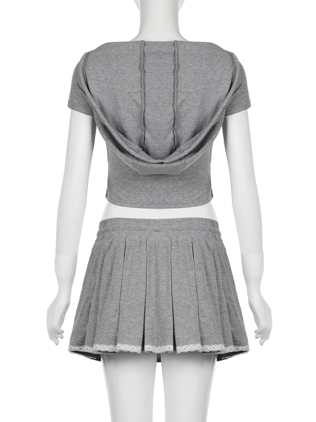 Kpop IAMSURE Casual Basic Dress Set Women Slim 2 Piece Sets Hooded Short Sleeve Cropped T Shirt Mid-Waisted A-Line Skirts Women 2024