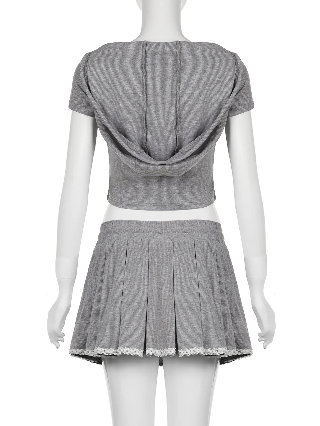 Kpop IAMSURE Casual Basic Dress Set Women Slim 2 Piece Sets Hooded Short Sleeve Cropped T Shirt Mid-Waisted A-Line Skirts Women 2024