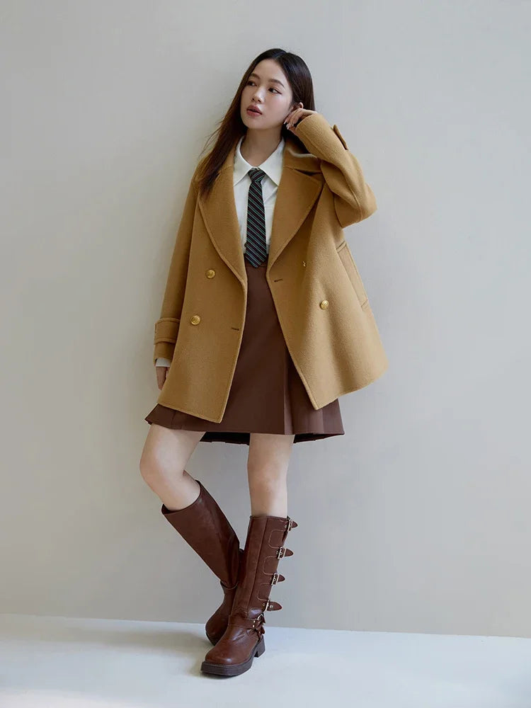 DUSHU Retro British Style One-hand Length Double-sided Woolen Coat for Women 2023 Winter New Solid Color 100% Wool Coats Female