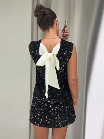 Fashion Back Bow Sequin Mini Dress For Women Shining Chic Sleeveless O-neck Evening Party Dresses New In Lady Christmas Vestidos