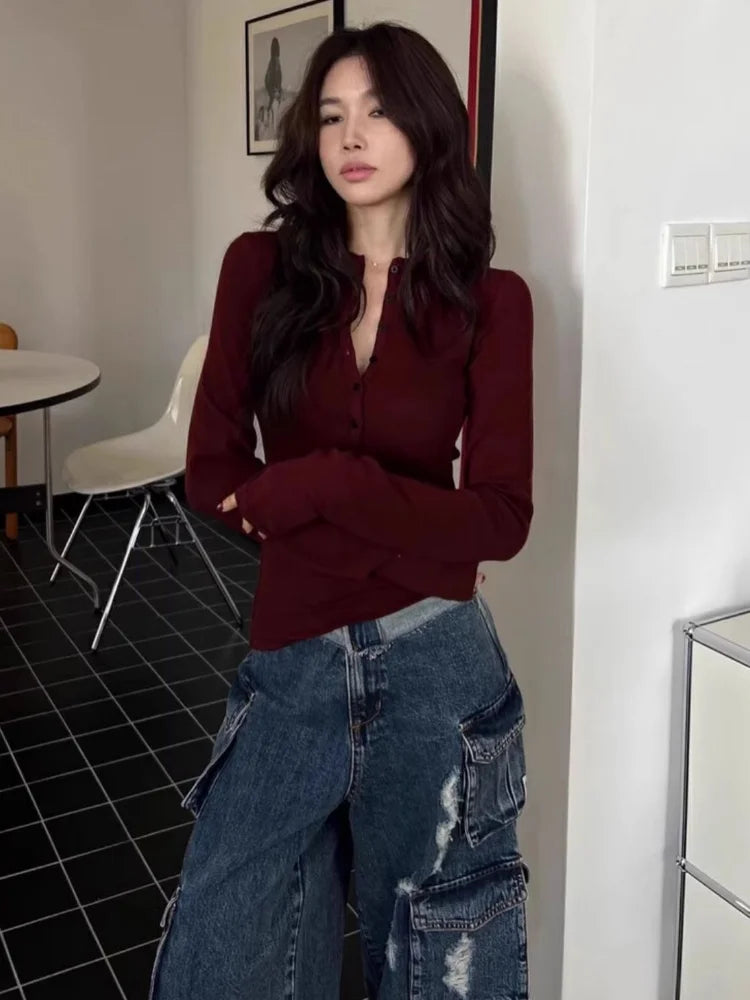 Buttons Women's Long Sleeve T-shirt Sexy Coquette Clothes Autumn Winter Top Female Red Kpop Harajuku Fashion Japanese Vintage
