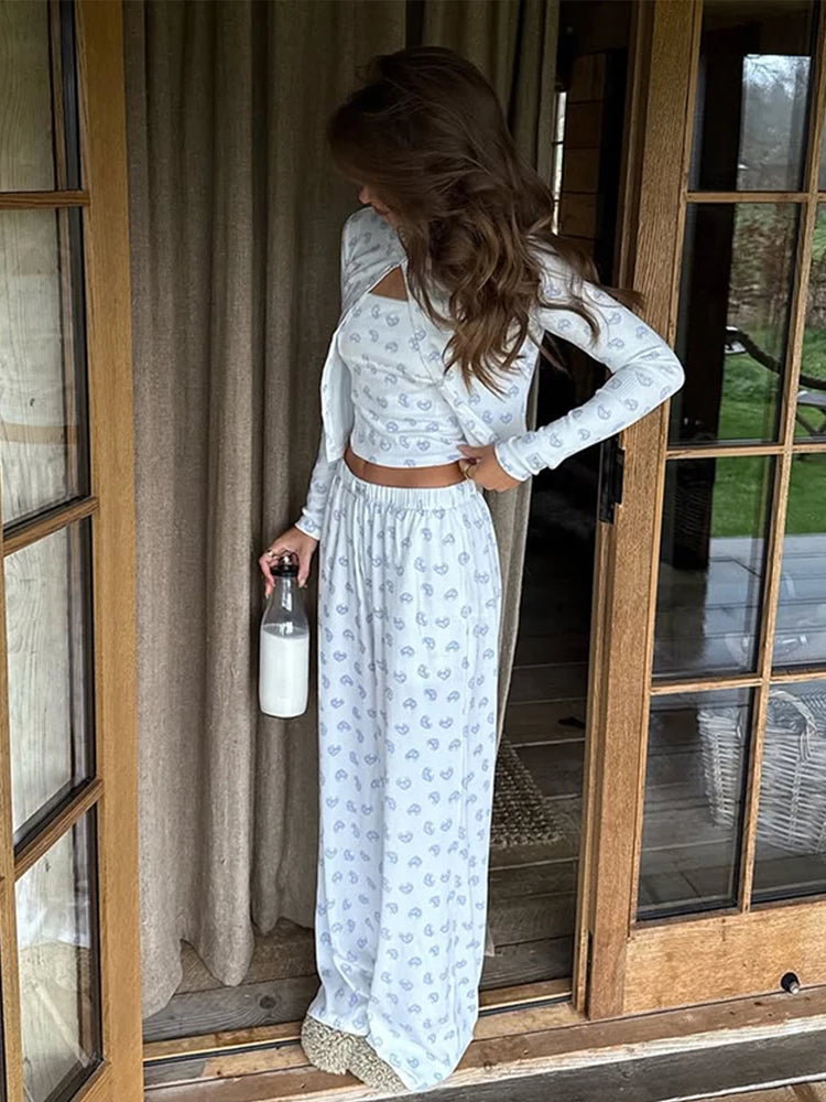 Knitted Printed Vest Cardigan Pant 3 Piece Set Women Elegant Slim Sling Vests Full Sleeve Sweater Elastic Long Pants Sets Female
