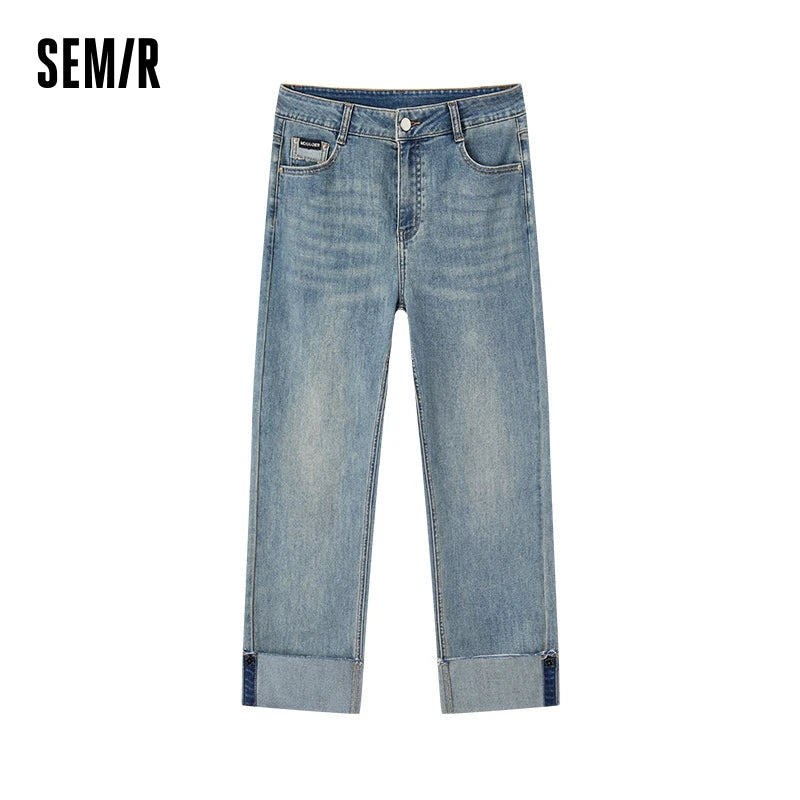 Semir Jeans Women Straight-Leg Trendy Autumn Fashion Frayed Edge Turn-Up Long Legs-Enhancing Nine-Point Trousers