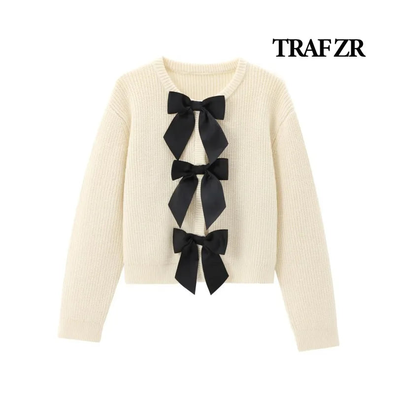 TRAF ZR Cardigans for Women Solid Knit Cardigan Sweet Bow Cardigans Long Sleeve Sweaters Harajuku Vintage Cozy Sweaters