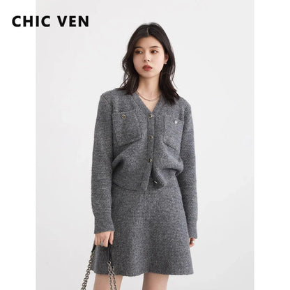 CHIC VEN Women's Knitted Cardigan Loose Casual New Female Knit Sweater Elastic A-line Skirt Woman Clothing Spring Autumn 2024