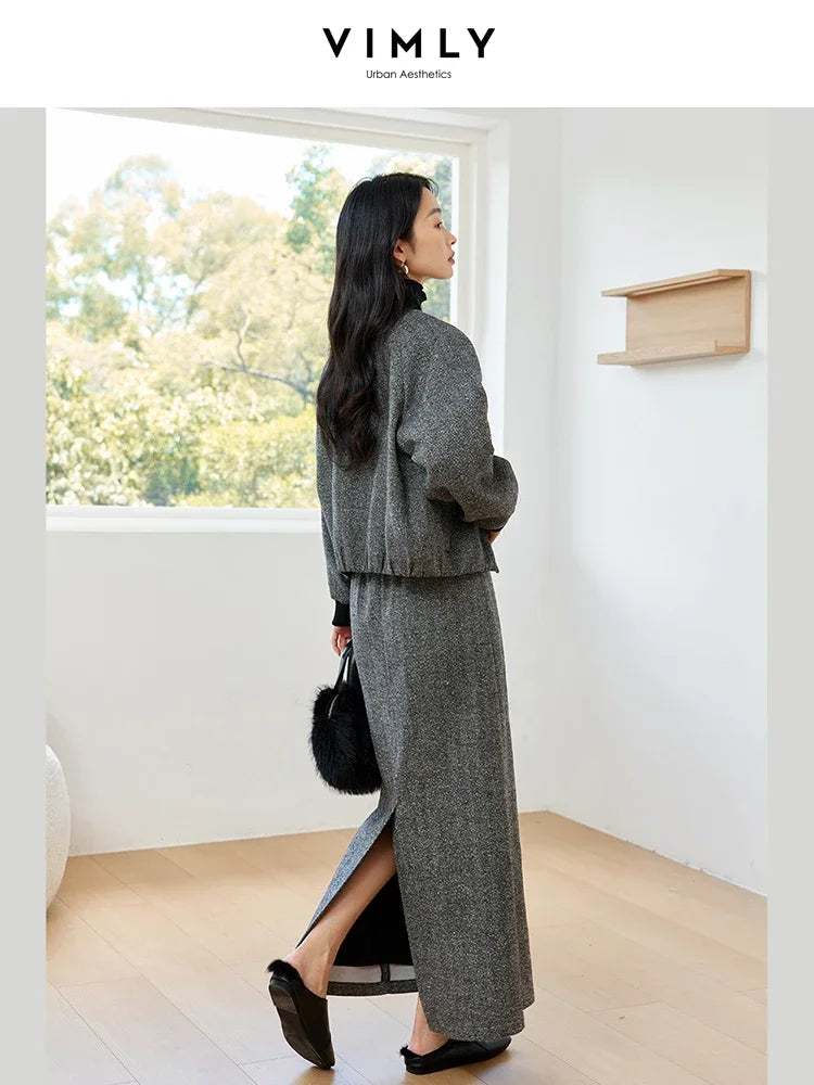 VIMLY Women's Simple Solid Tweed 2Piece Set Autumn Winter Office Lady Outfits Cardigan Short Jacket Straight-cut Slit Skirt Sets