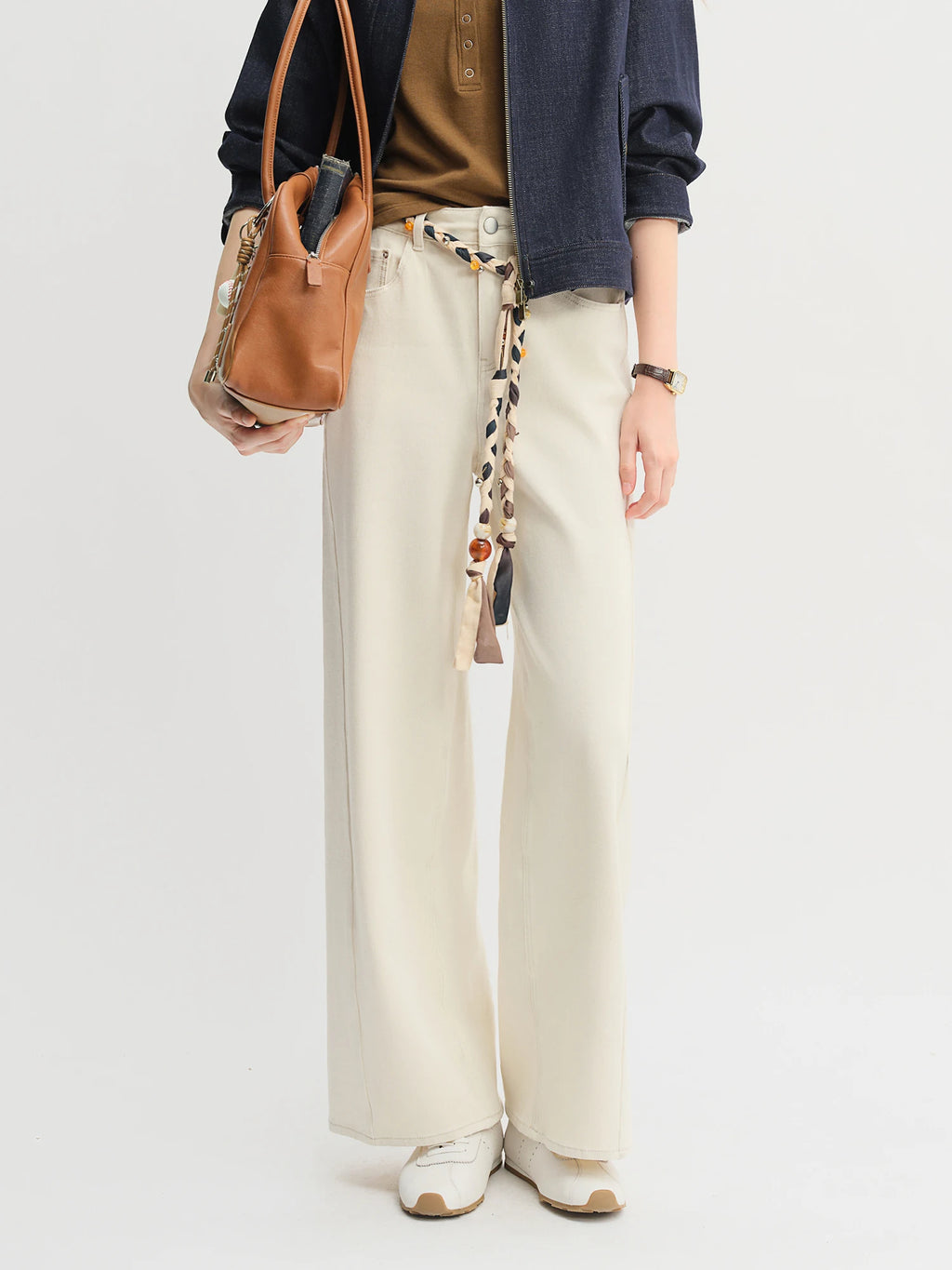 DUSHU Autumn 2025 Women's High Waist Jeans - Stretch White Straight Leg Pants Office Casual Versatile Long Trousers