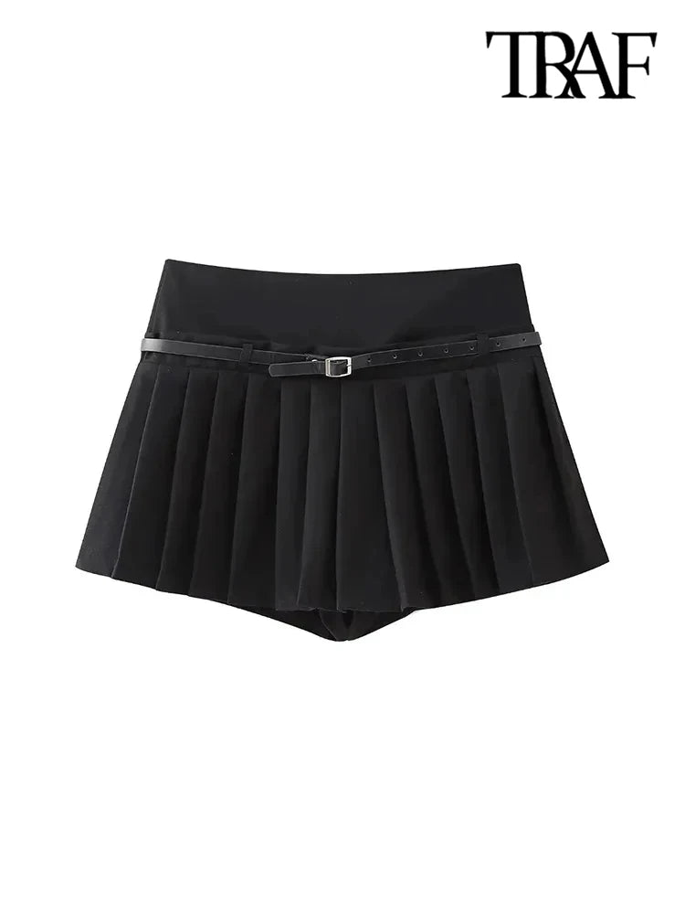 TRAF-Pleated Shorts Skirts for Women With Belt, Side Zipper, Mid Waist, Female Skort, Chic Fashion