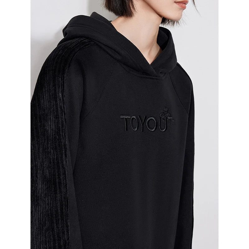 TOYOUTH Women Hoodies Sweatshirt 2024 Autumn and Winter New Fleece Letter Embroidery Splicing Hooded Pullover Tops