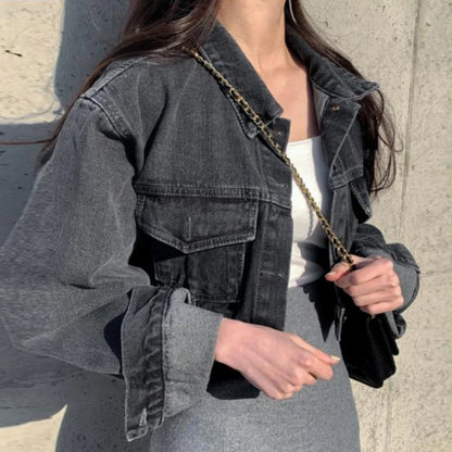 Retro Chic Short Sleeveless Denim Jacket Metal Single Button Loose Fit Long Sleeve Short Sle Women's Fashion Autumn Outerwear