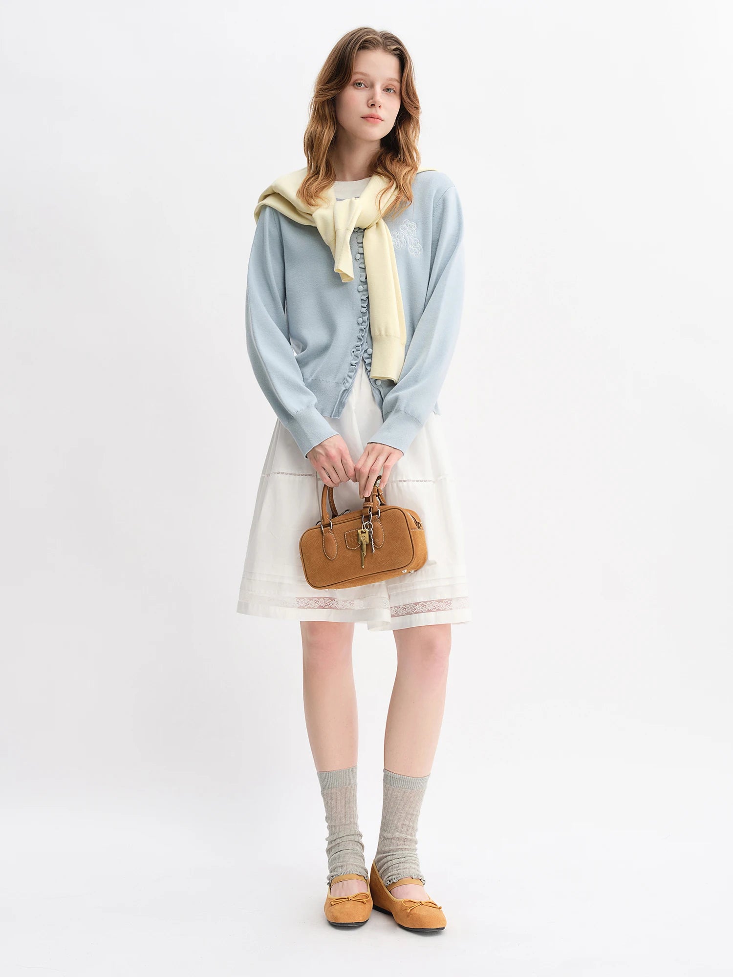 DUSHU Autumn 2025 Women's Floral Embroidered Knit Cardigan - Ruffle Trim Loose Fit Lightweight Layering Casual Blouse Top