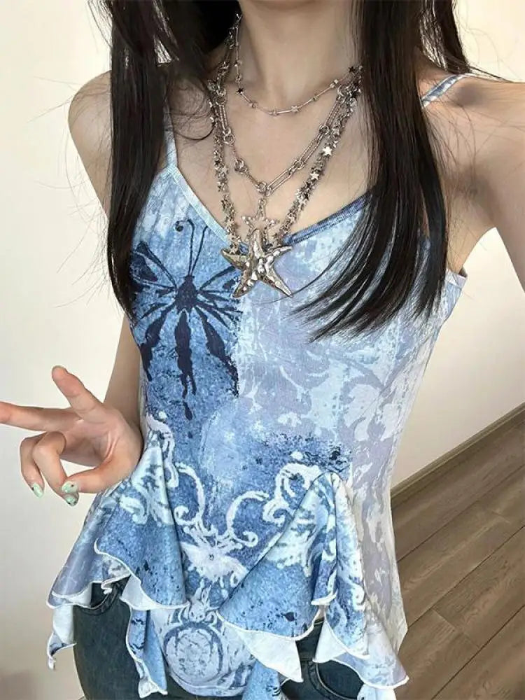 Sleeveless Blue Print Tank Y2k Vintage Camis 2000s Japanese E Girls Tee Irregual Tank Tops Summer